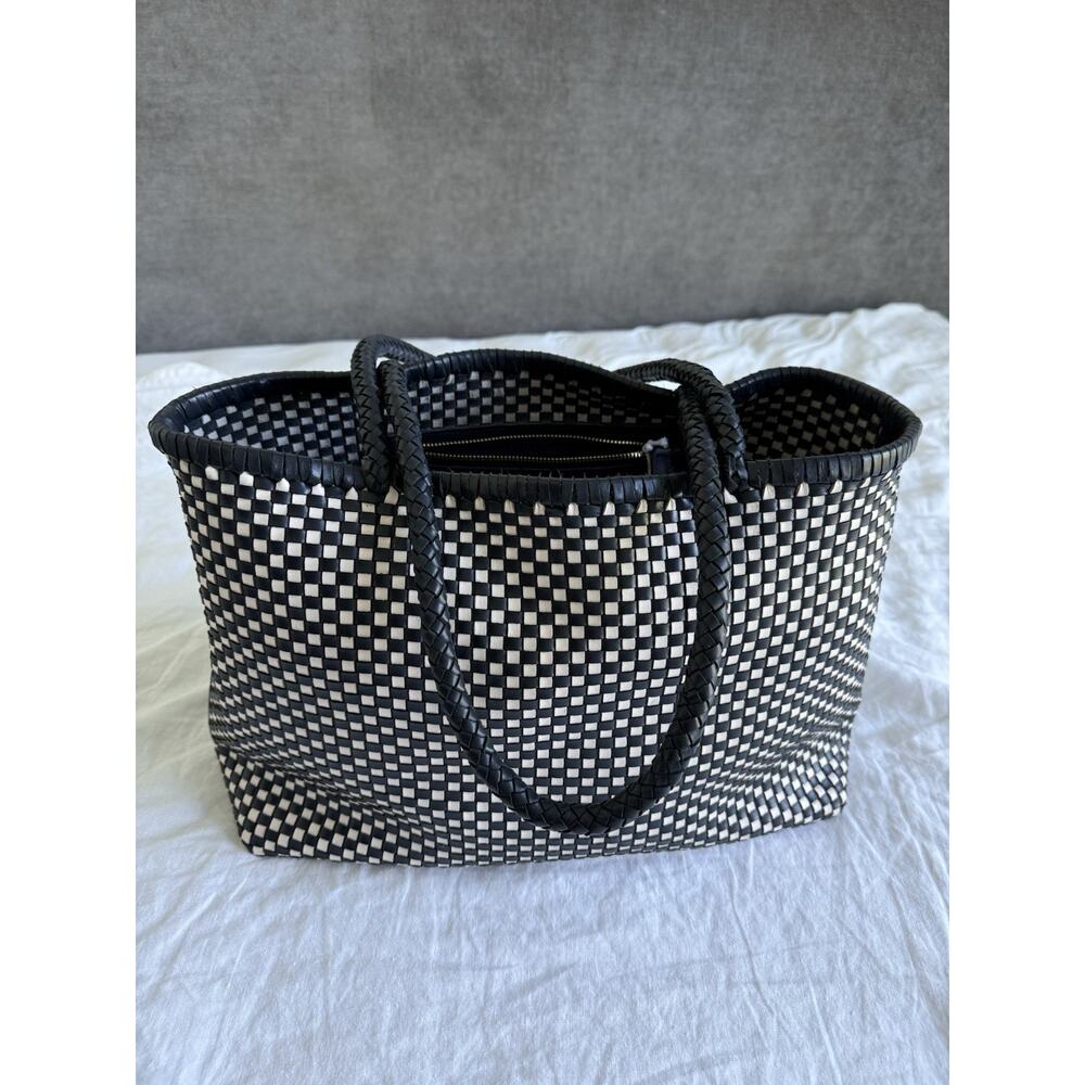 Madewell Handwoven Leather Tote Bag Navy Ivory Checkerboard Woven Shopper
